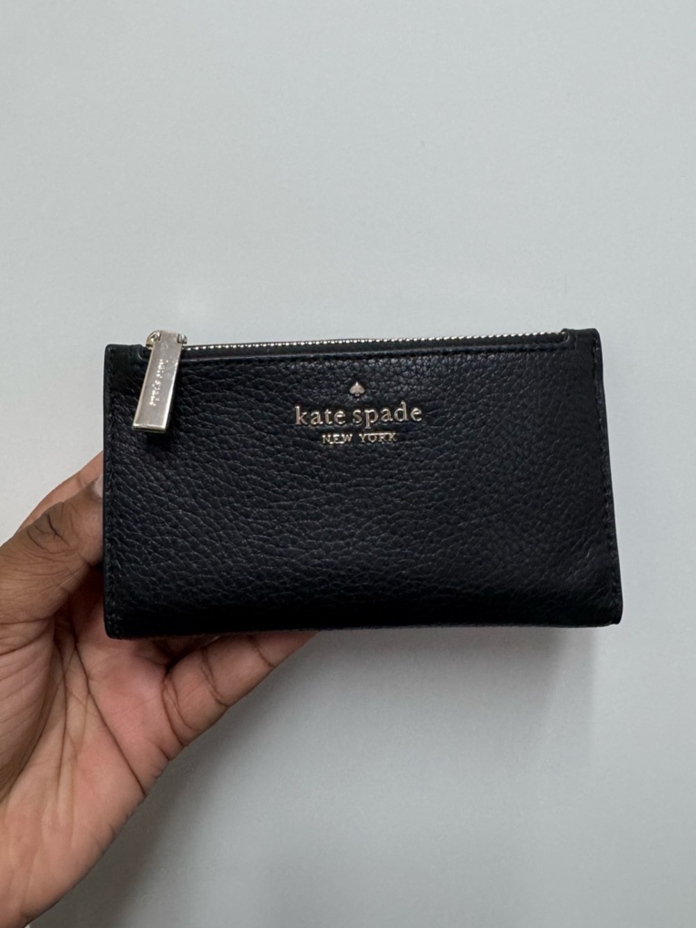 Kate Spade Black Leila Small Slim Bifold Pebble Leather Wallet Women Compact